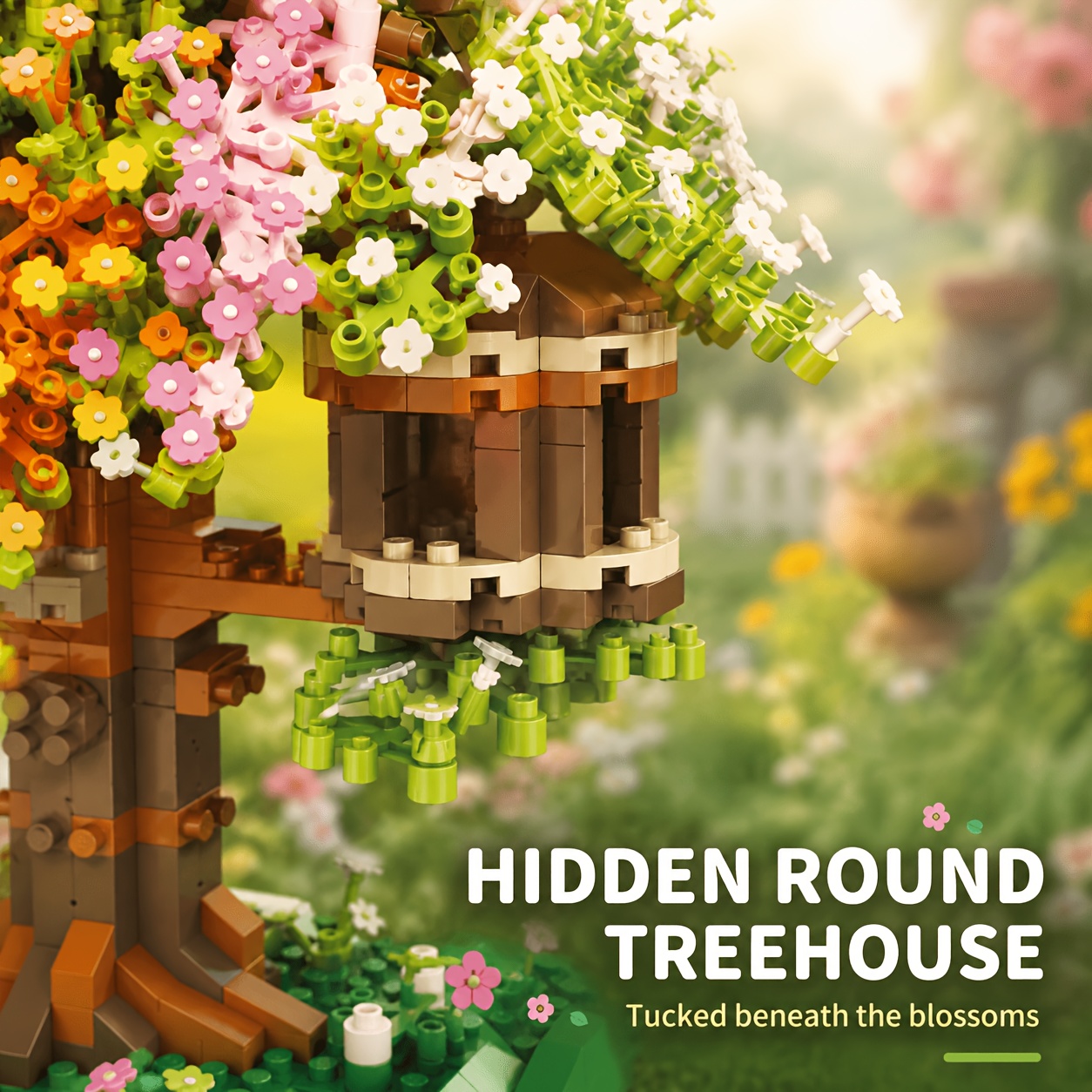 Rainbow Treehouse Building Blocks Set, Dreamy Floral Garden Cottage